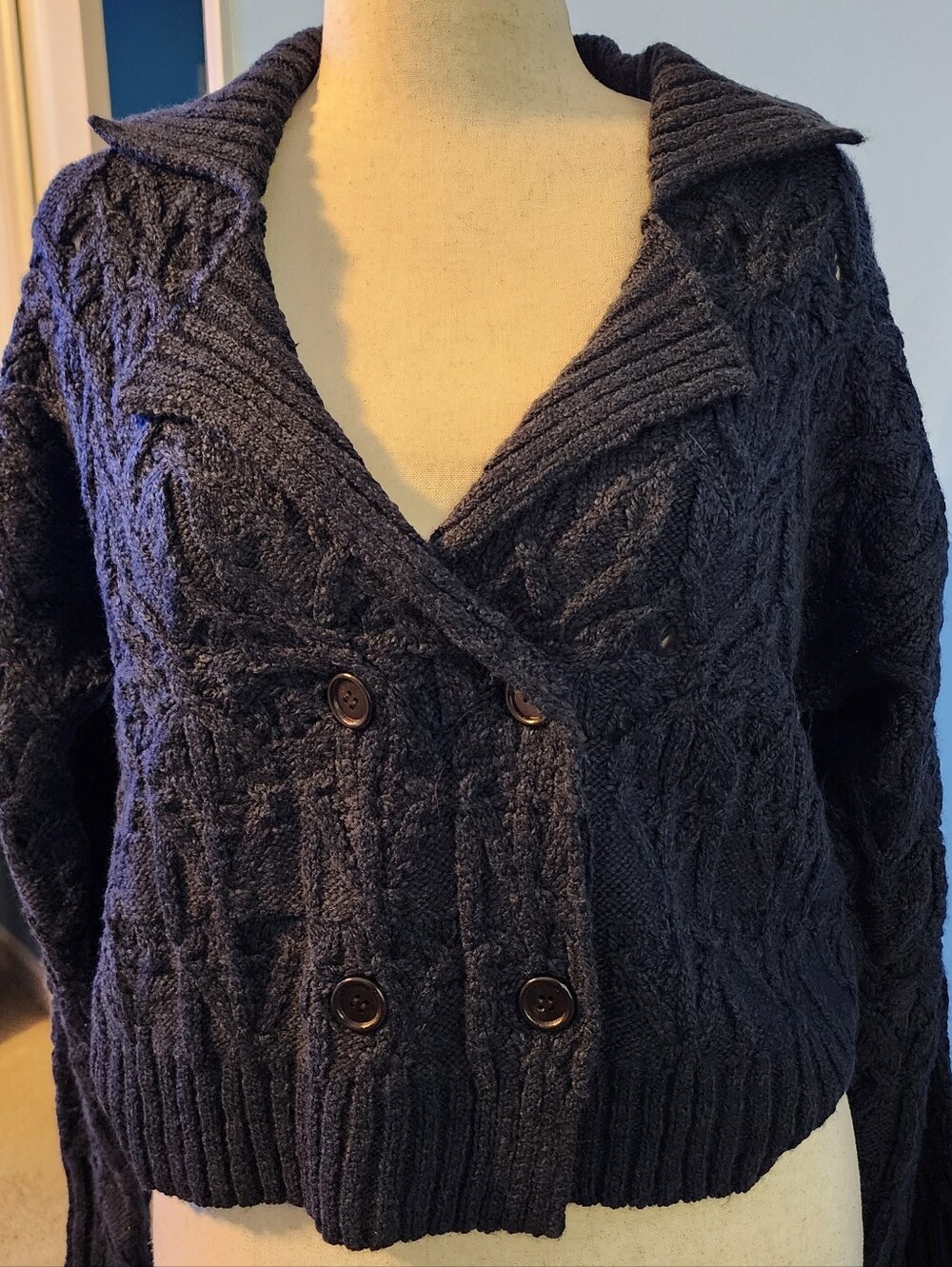 VENUS Double-Breasted Cable Knit Cardigan - Navy